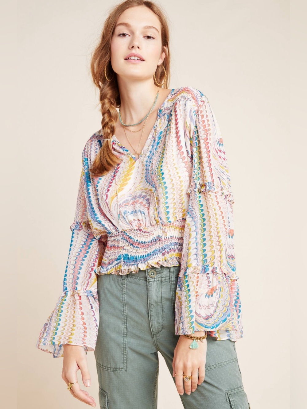 Maeve Jessa Marble Bell Sleeve Anthropologie Top Small petite pink retro boho 70